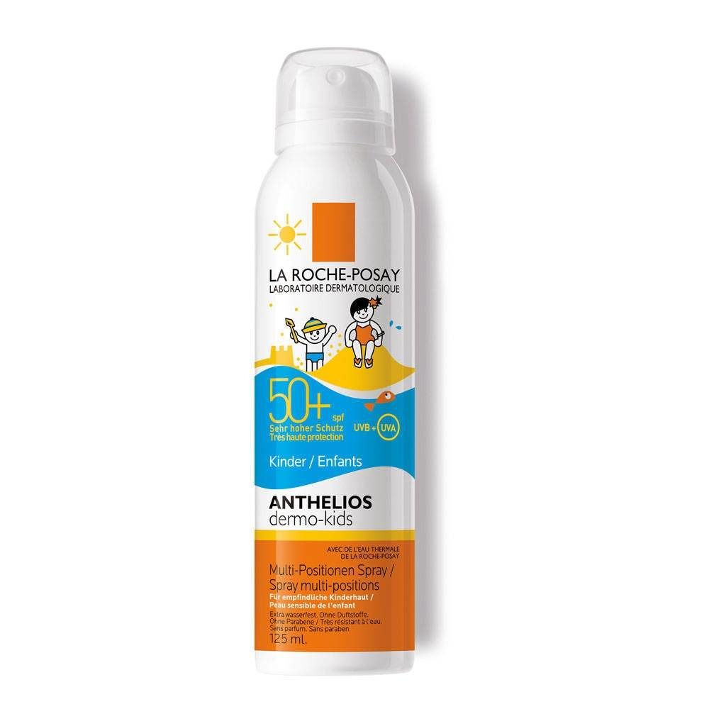 Witte spray met oranje accenten. Opschrift: La Roche-Posay, Anthelios Dermo-Kids, SPF 50+. Illustratie: kinderen op strand.