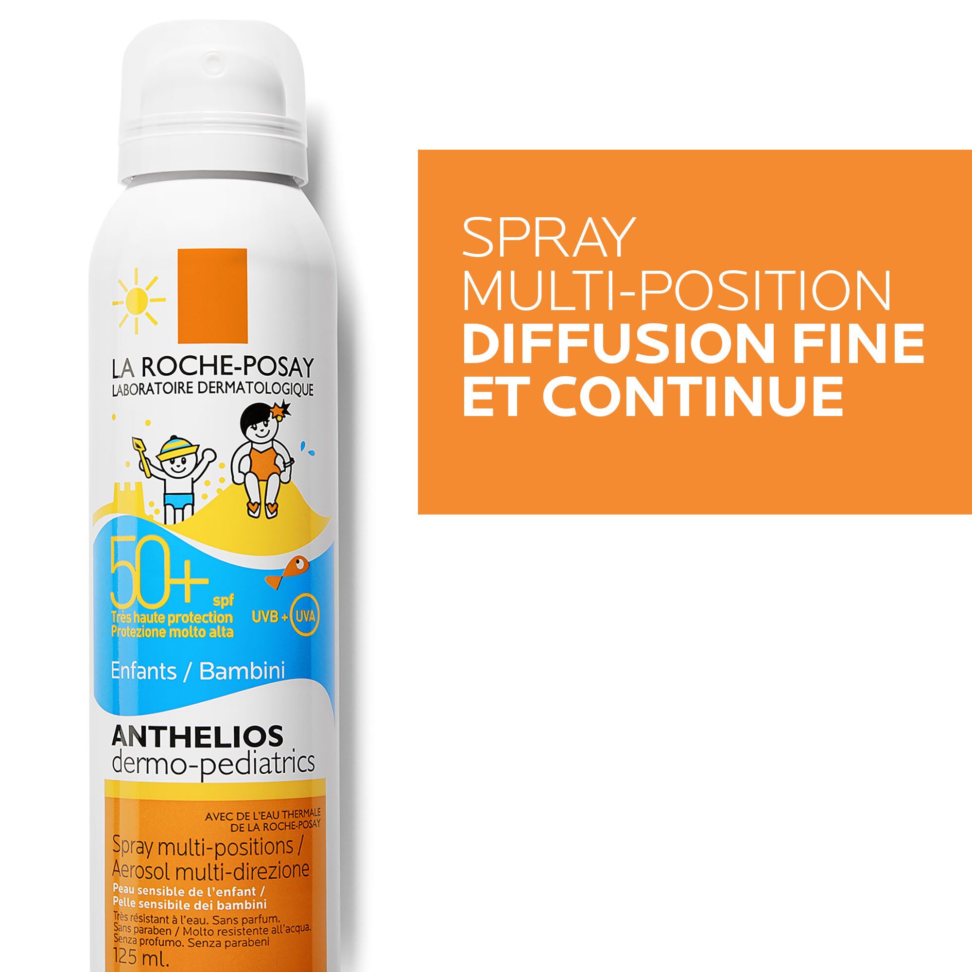 Witte spray met oranje label. Tekst: La Roche-Posay, Anthelios Dermo-Pediatrics, SPF 50+. Tekst: Spray multi-positie.