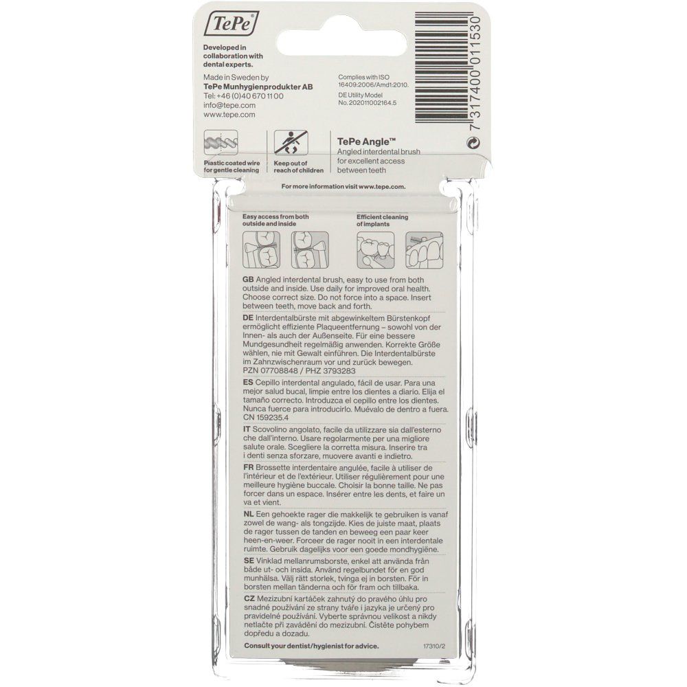 Rückseite der Verpackung mit Produktinformationen. Marke TePe, Modell Angle. Text in mehreren Sprachen. Transparente Kunststoffverpackung.