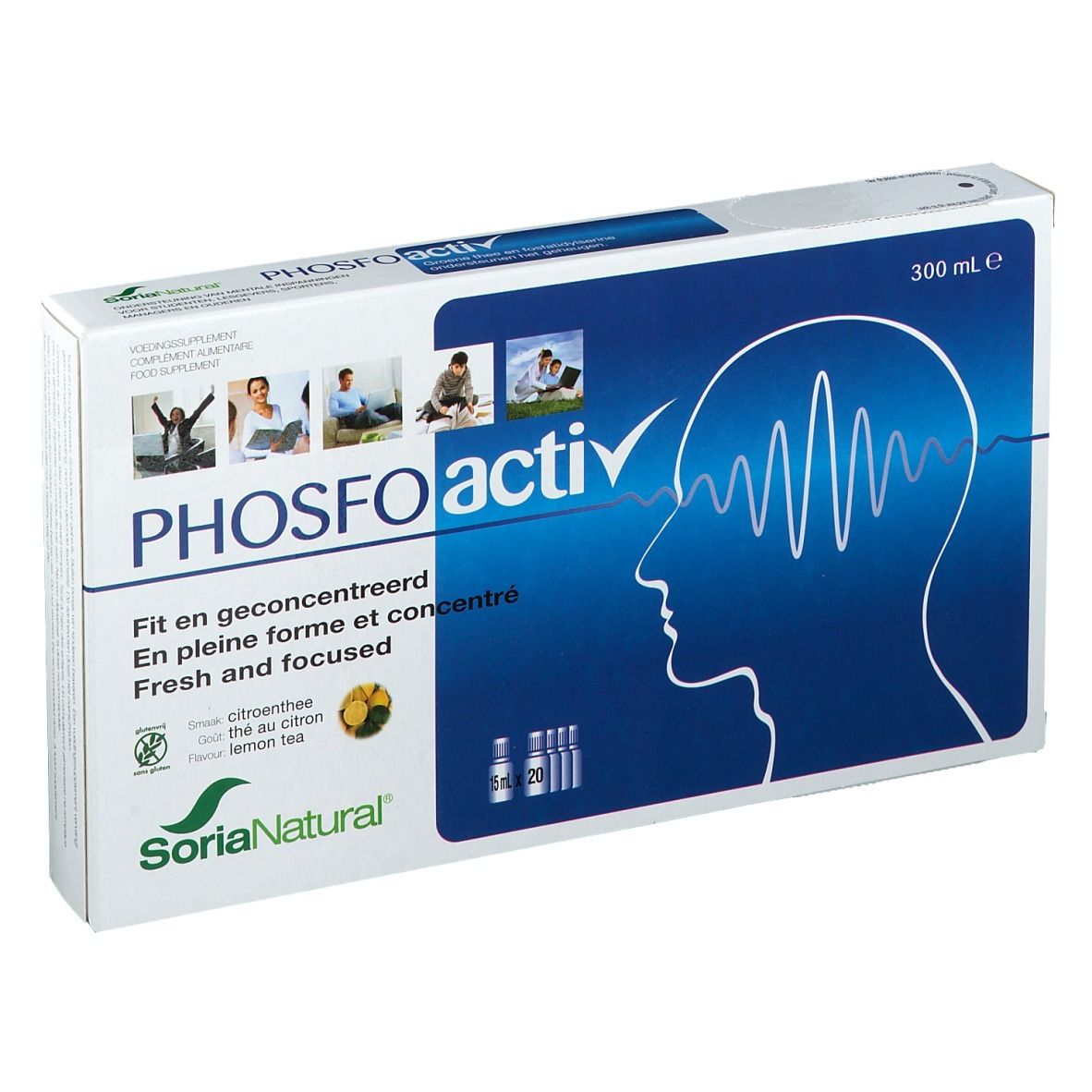 Boîte "PHOSFOactiv". Couleurs bleu et blanc. Contient des ampoules. Marque : Soria Natural.