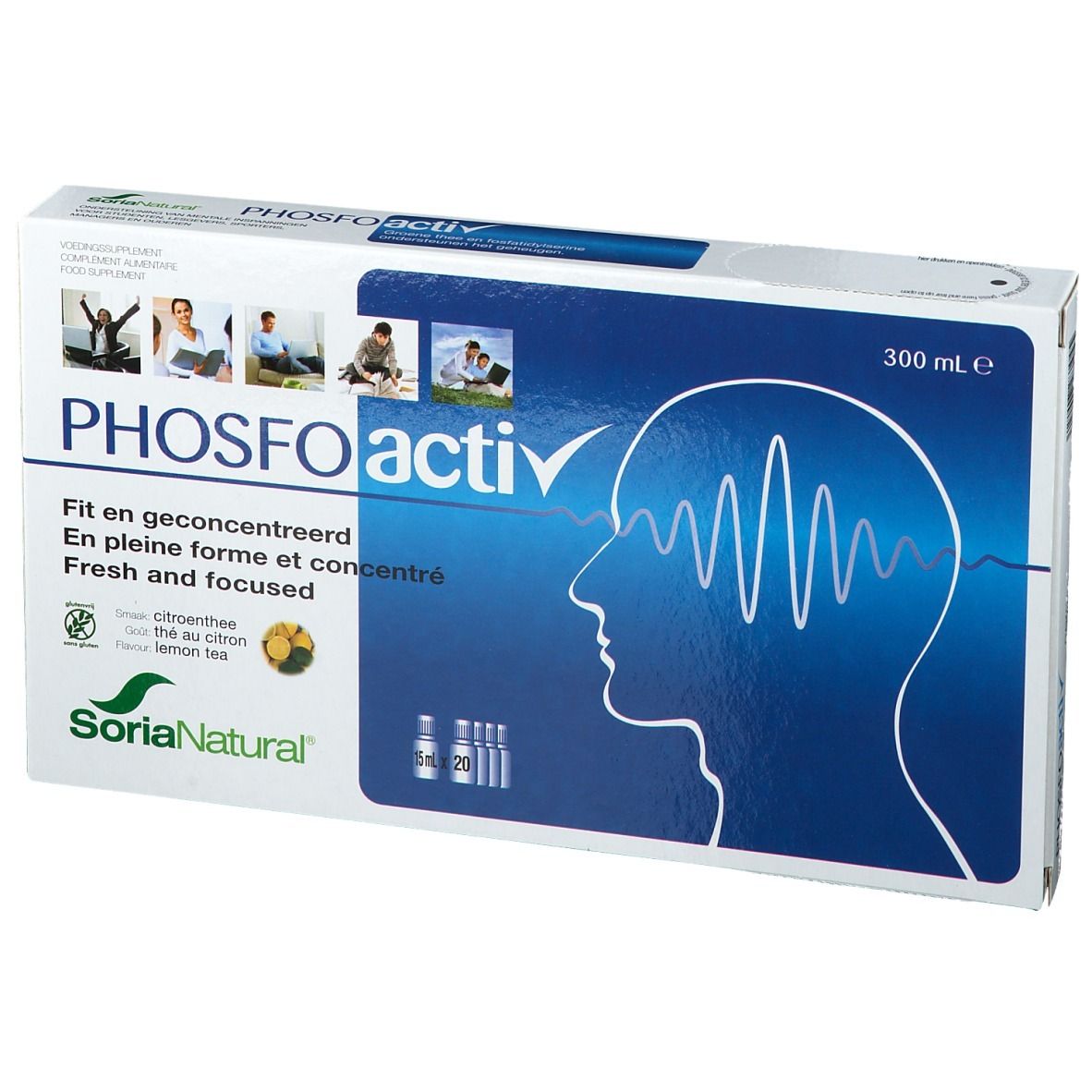 Vue de face de la boîte "PHOSFOactiv". Couleurs bleu et blanc. Contient des ampoules. Marque : Soria Natural.