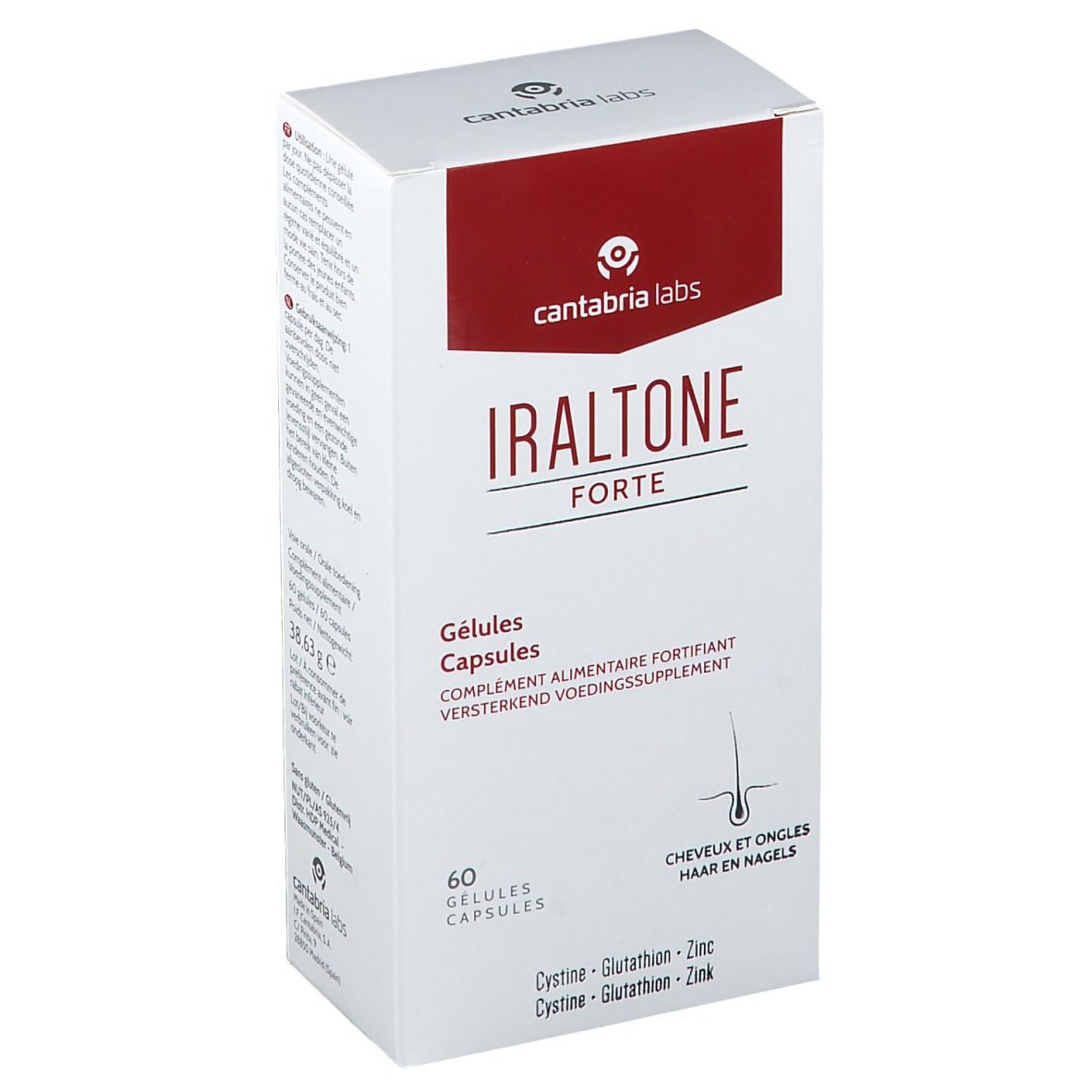 Scatola bianca e rossa. Scritta: Iraltone Forte, 60 capsule. Capelli e unghie.