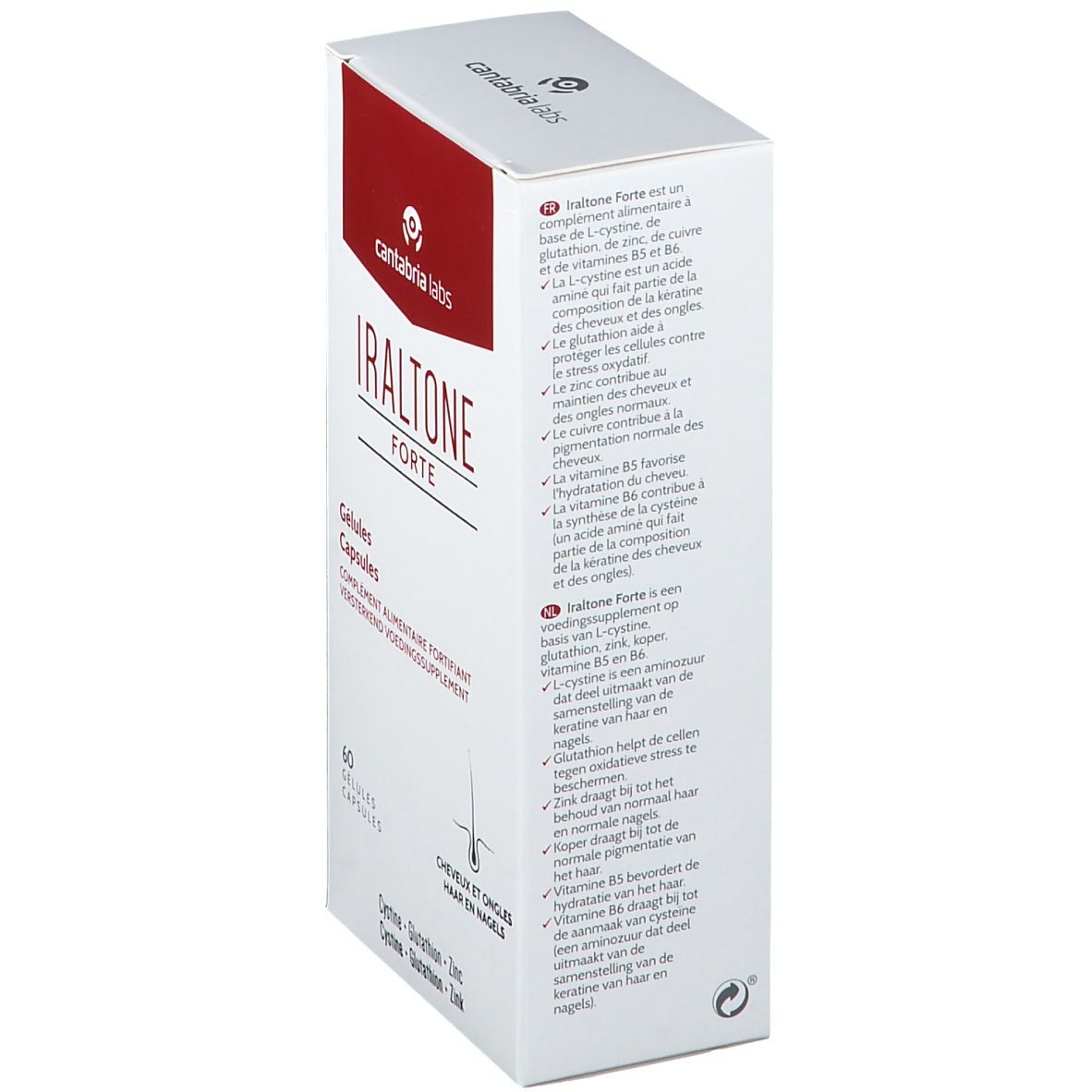 Scatola bianca e rossa. Scritta: Iraltone Forte, 60 capsule. Capelli e unghie.
