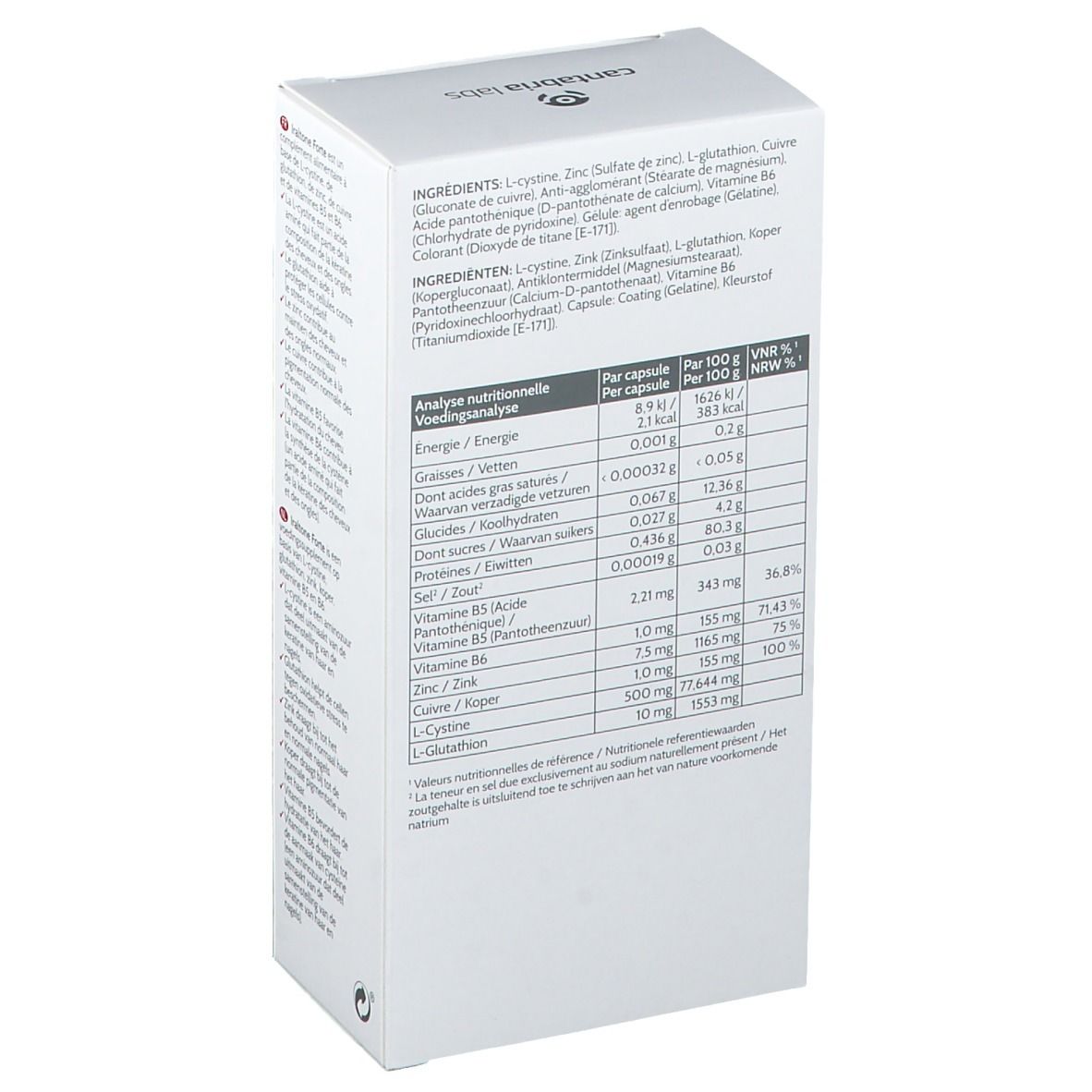 Scatola bianca e rossa. Scritta: Iraltone Forte, 60 capsule. Capelli e unghie.