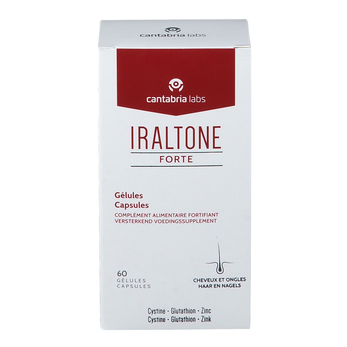 Scatola bianca e rossa. Scritta: Iraltone Forte, 60 capsule. Capelli e unghie.