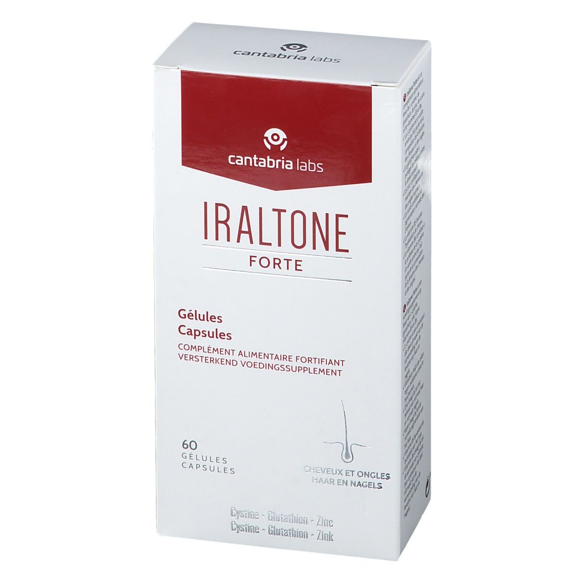 Scatola bianca e rossa. Scritta: Iraltone Forte, 60 capsule. Capelli e unghie.