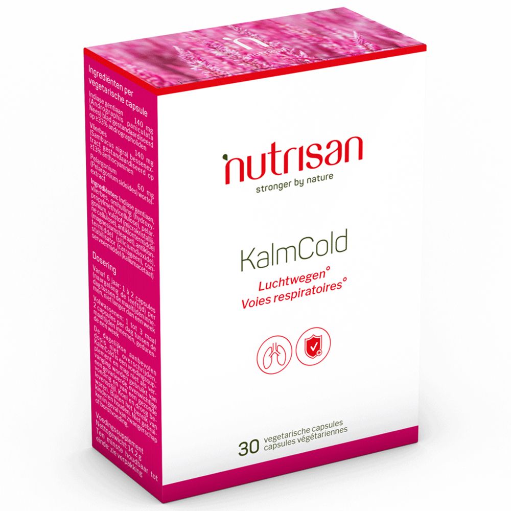 Boîte Nutrisan KalmCold, 30 gélules végétales. Inscriptions en allemand et français. Logo Nutrisan et informations produit.