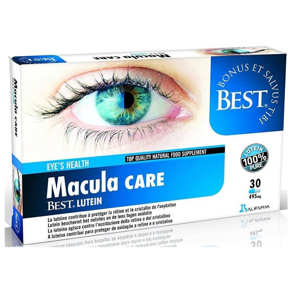 Boîte de Macula Care, BEST. Lutein. Contient 30 gélules. Inscription : Lutéine 100% pure. Image d'un œil.