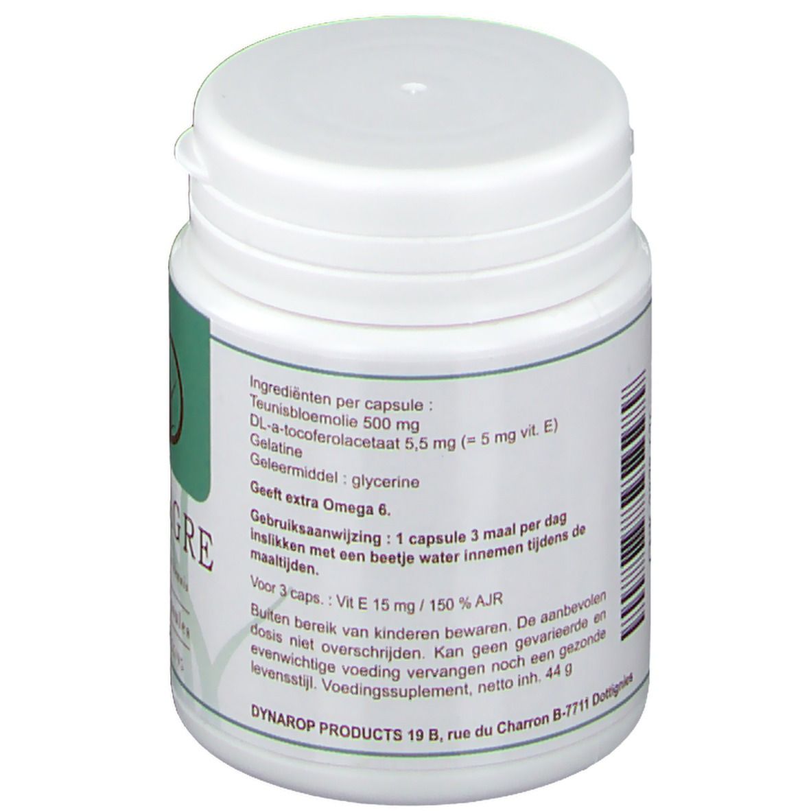 Achteraanzicht van een witte plastic pot. Groen etiket met ingrediënten en gebruiksaanwijzing. Meertalige tekst.