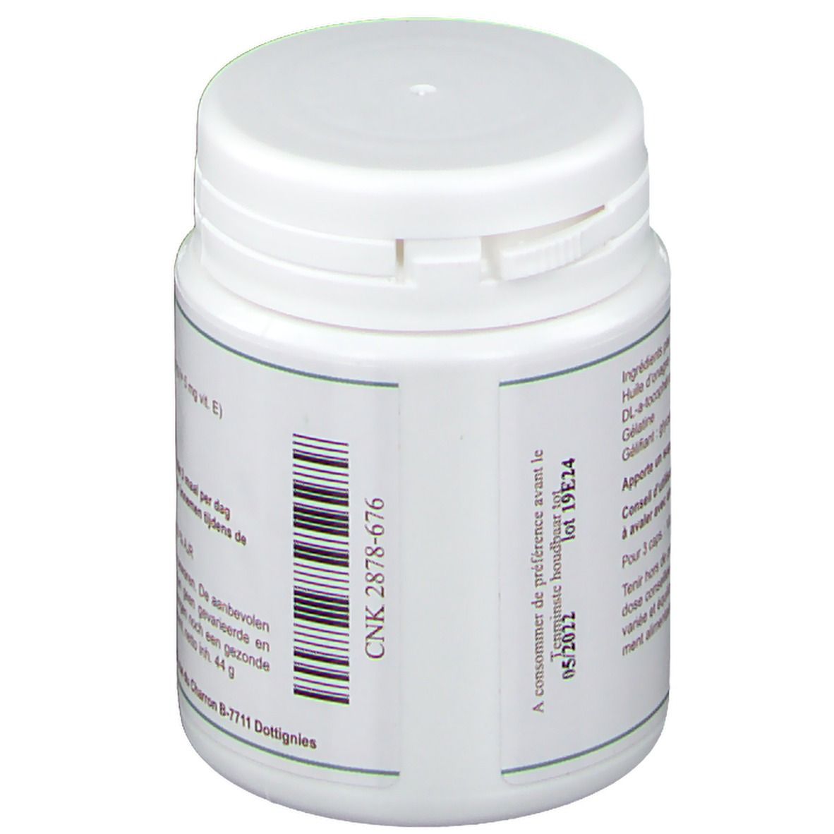 Achteraanzicht van een witte plastic pot. Groen etiket met barcode en vervaldatum. Meertalige tekst.