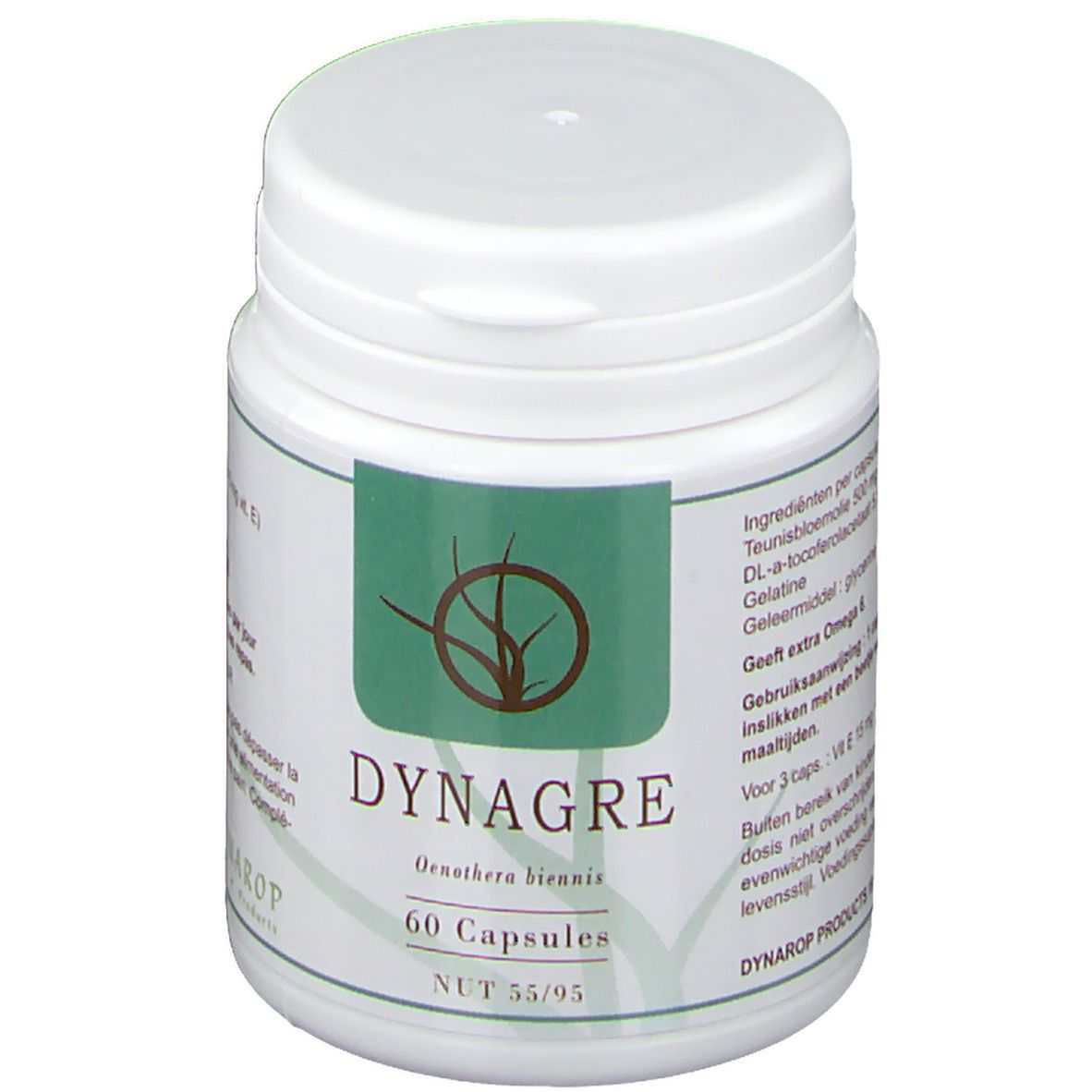 Witte plastic pot met groen etiket. Opschrift: DYNAGRE, 60 capsules. Logo: tak met cirkels. NUT 55/95.