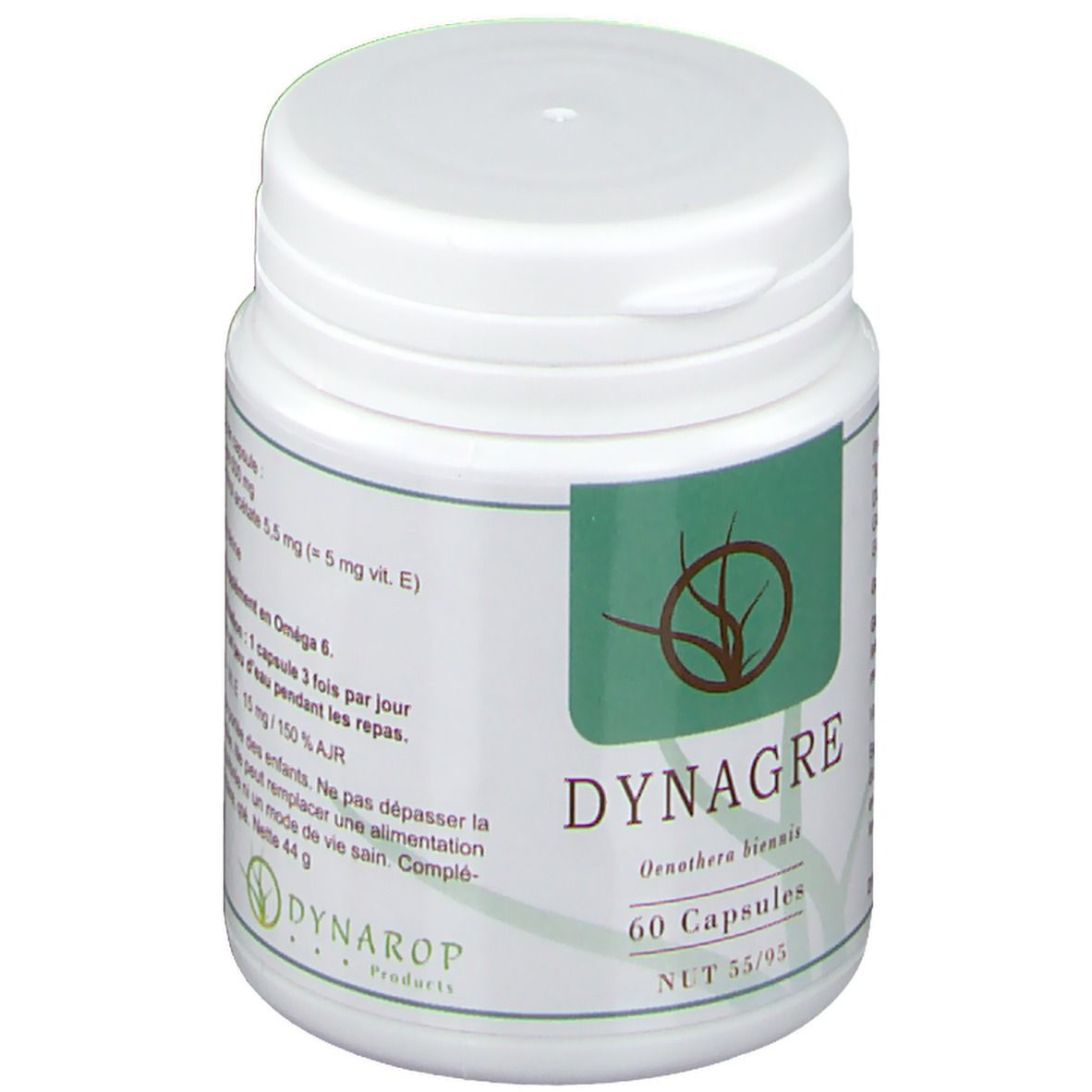 Witte plastic pot met groen etiket. Opschrift: DYNAGRE, 60 capsules. Logo: tak met cirkels. NUT 55/93.