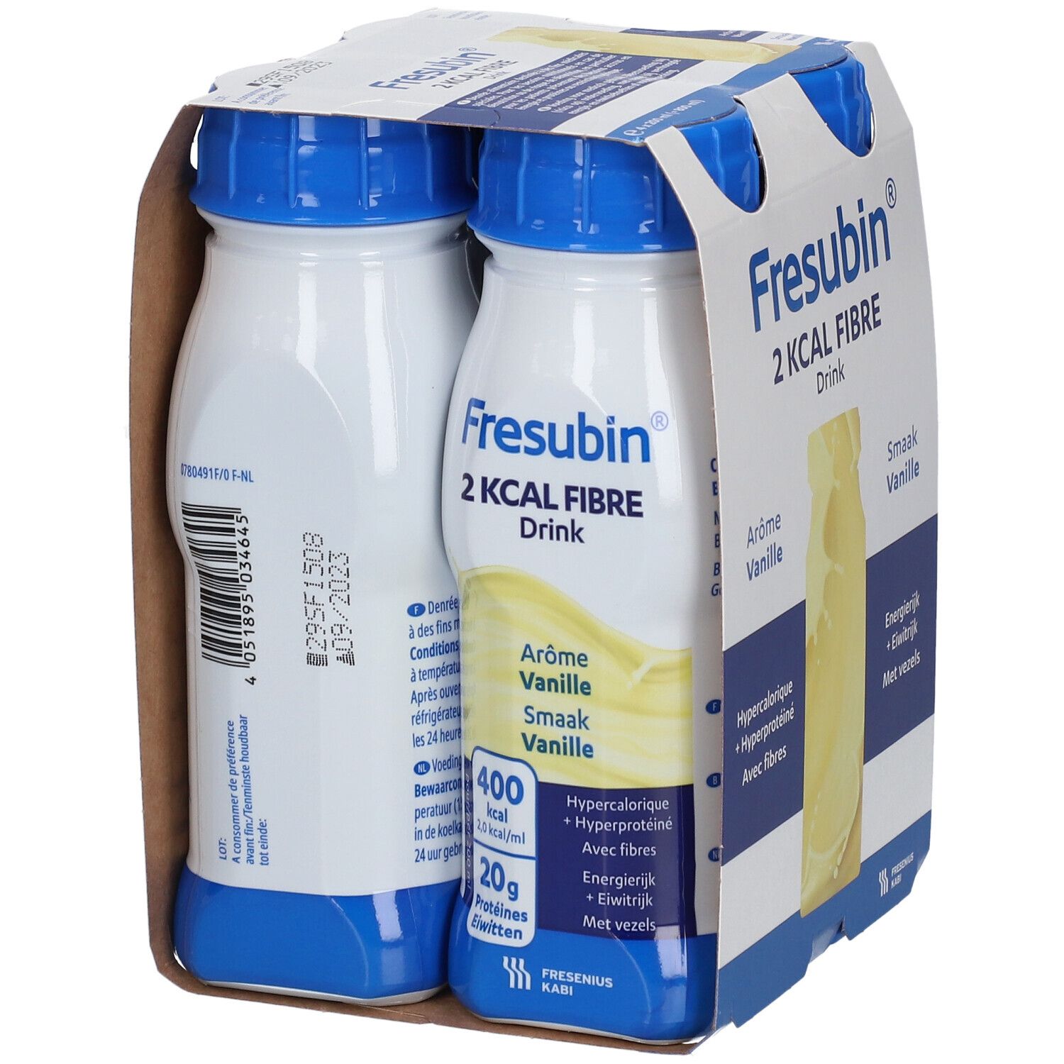 Packung mit vier Flaschen Fresubin 2 Kcal Fibre Drink Vanille. Rückseite mit Produktinformationen und Nährwertangaben. Kartonverpackung.