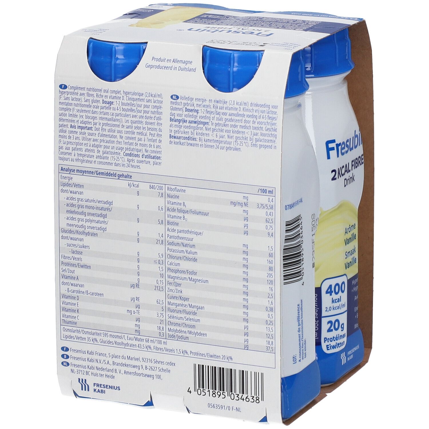 Rückseite der Packung mit Fresubin 2 Kcal Fibre Drink Vanille. Detailansicht der Nährwertangaben und Produktinformationen. Kartonverpackung.