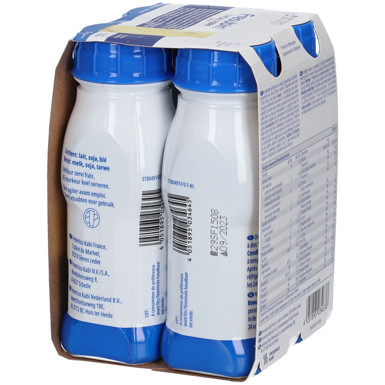 Packung mit vier Flaschen Fresubin 2 Kcal Fibre Drink Vanille. Rückseite mit Produktinformationen. Kartonverpackung. Flaschen mit blauen Deckeln.