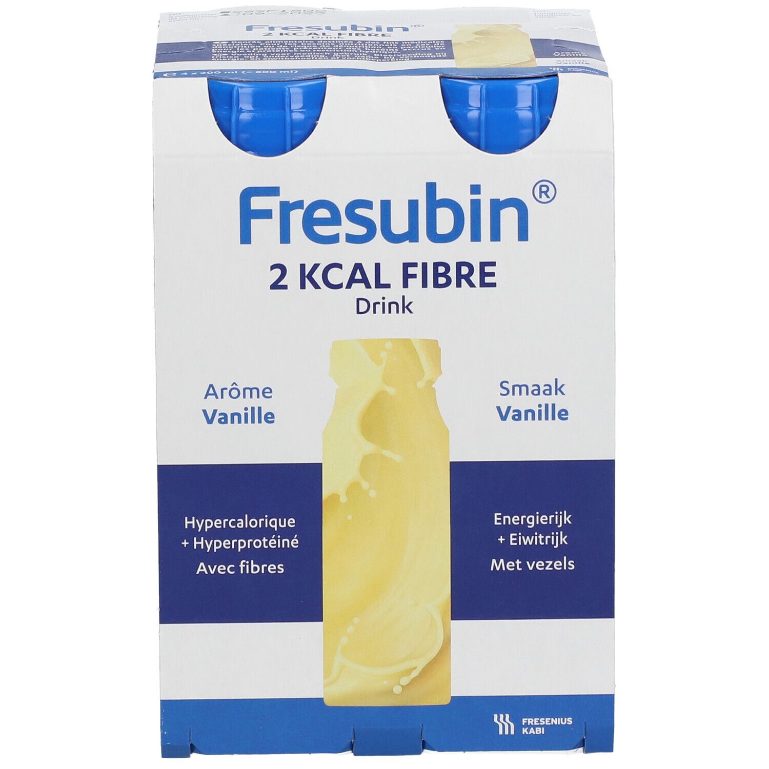 Vorderseite der Packung Fresubin 2 Kcal Fibre Drink Vanille. Flaschen mit blauen Deckeln. Produktname und Geschmacksrichtung deutlich sichtbar.