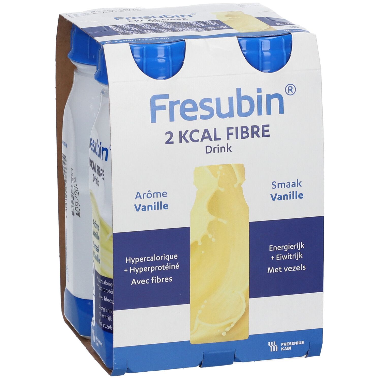 Packung mit vier Flaschen Fresubin 2 Kcal Fibre Drink Vanille. Produktinformationen und Nährwertangaben. Flaschen mit blauen Deckeln.