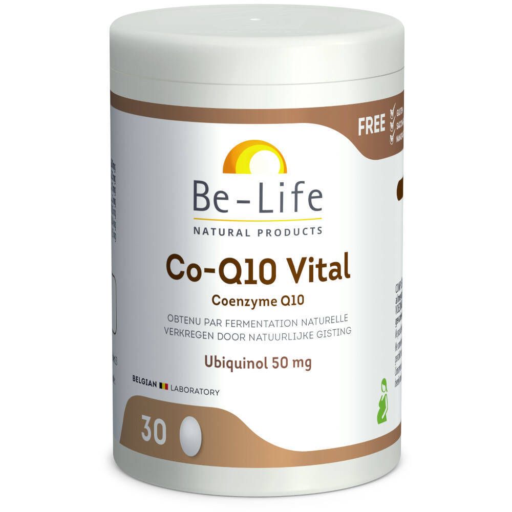 Boîte Be-Life Co-Q10 Vital. Récipient blanc avec accents marron. Inscription: Co-Q10 Vital, Ubiquinol 50 mg, 30 gélules.