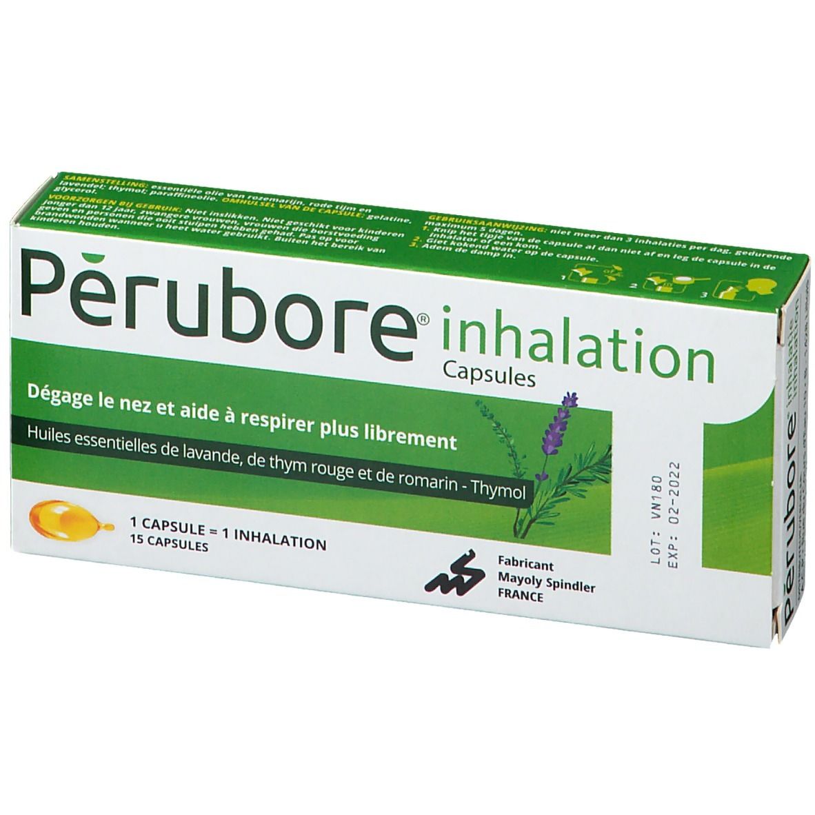 Boîte de capsules d'inhalation Perubore. Contient 15 capsules. Inscription: Dégage le nez et aide à respirer plus librement. Fabricant: Mayoly Spindler.