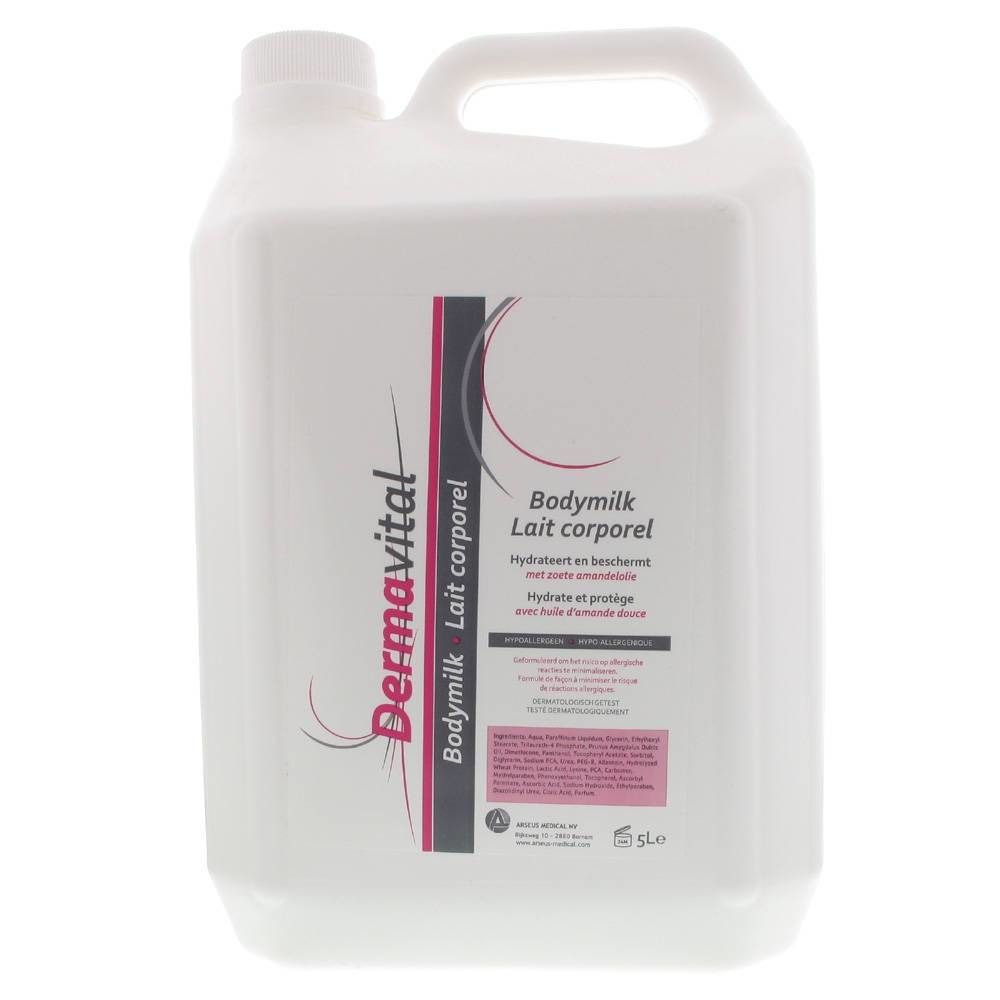 Bidon blanc avec poignée et bouchon à vis. Inscription : Dermavital, Bodymilk, Lait corporel.