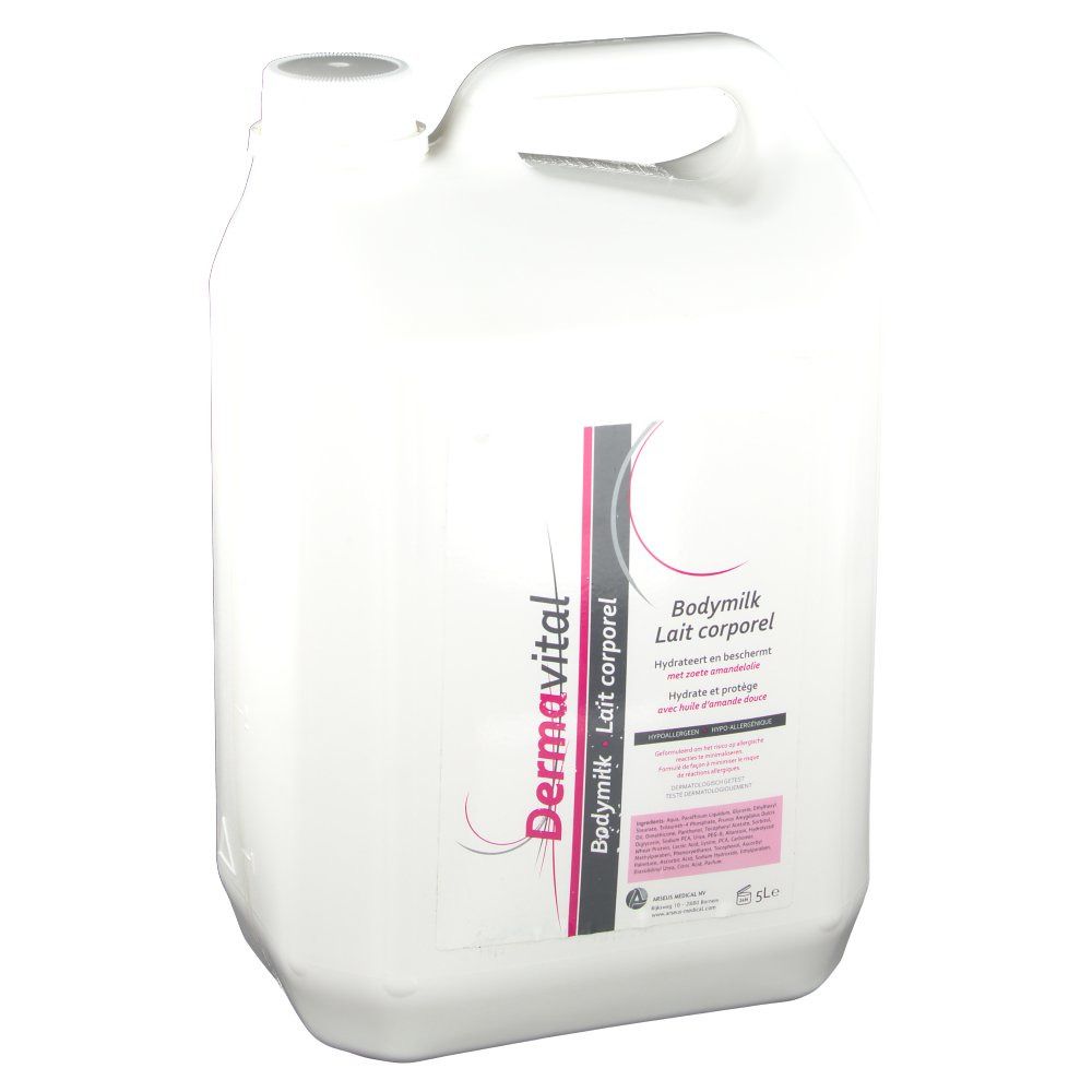 Bidon blanc avec poignée et bouchon à vis. Inscription : Dermavital, Bodymilk, Lait corporel.