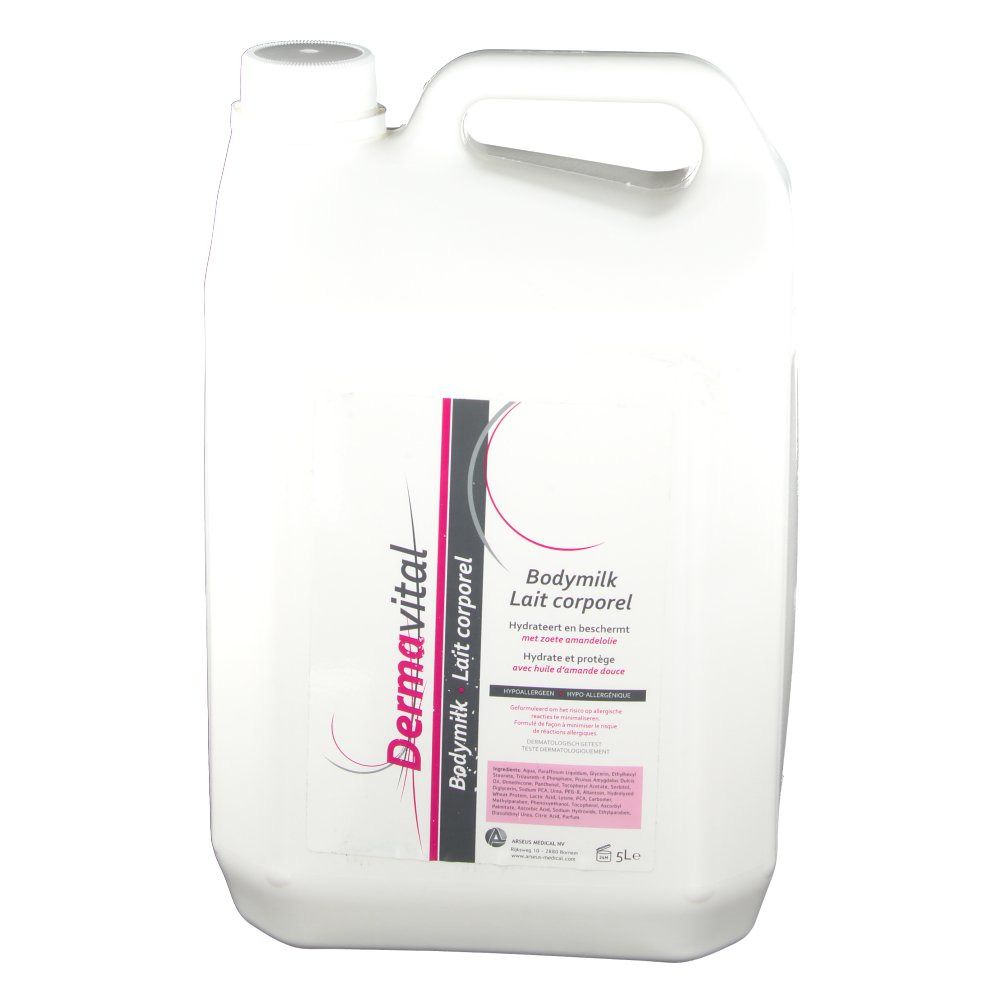 Bidon blanc avec poignée et bouchon à vis. Inscription : Dermavital, Bodymilk, Lait corporel.