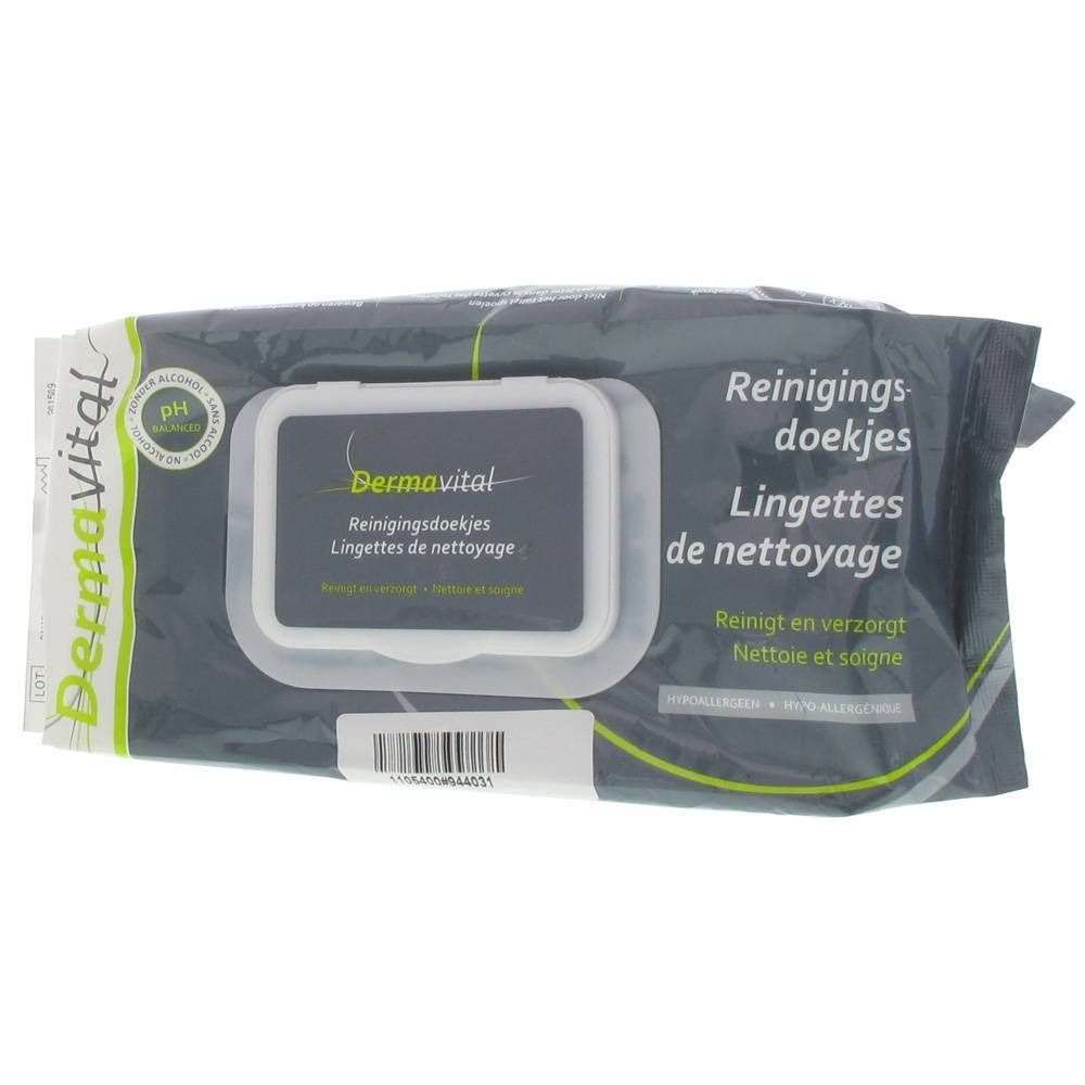 Paquet de lingettes nettoyantes Dermavital. Inscription : Reinigingsdoekjes, Lingettes de nettoyage. Symbole pH.