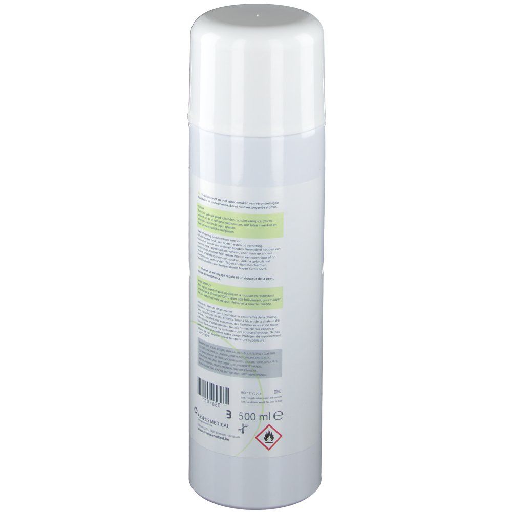 Flacon blanc avec bouchon blanc. Texte, code-barres et pictogrammes au dos. 500 ml.