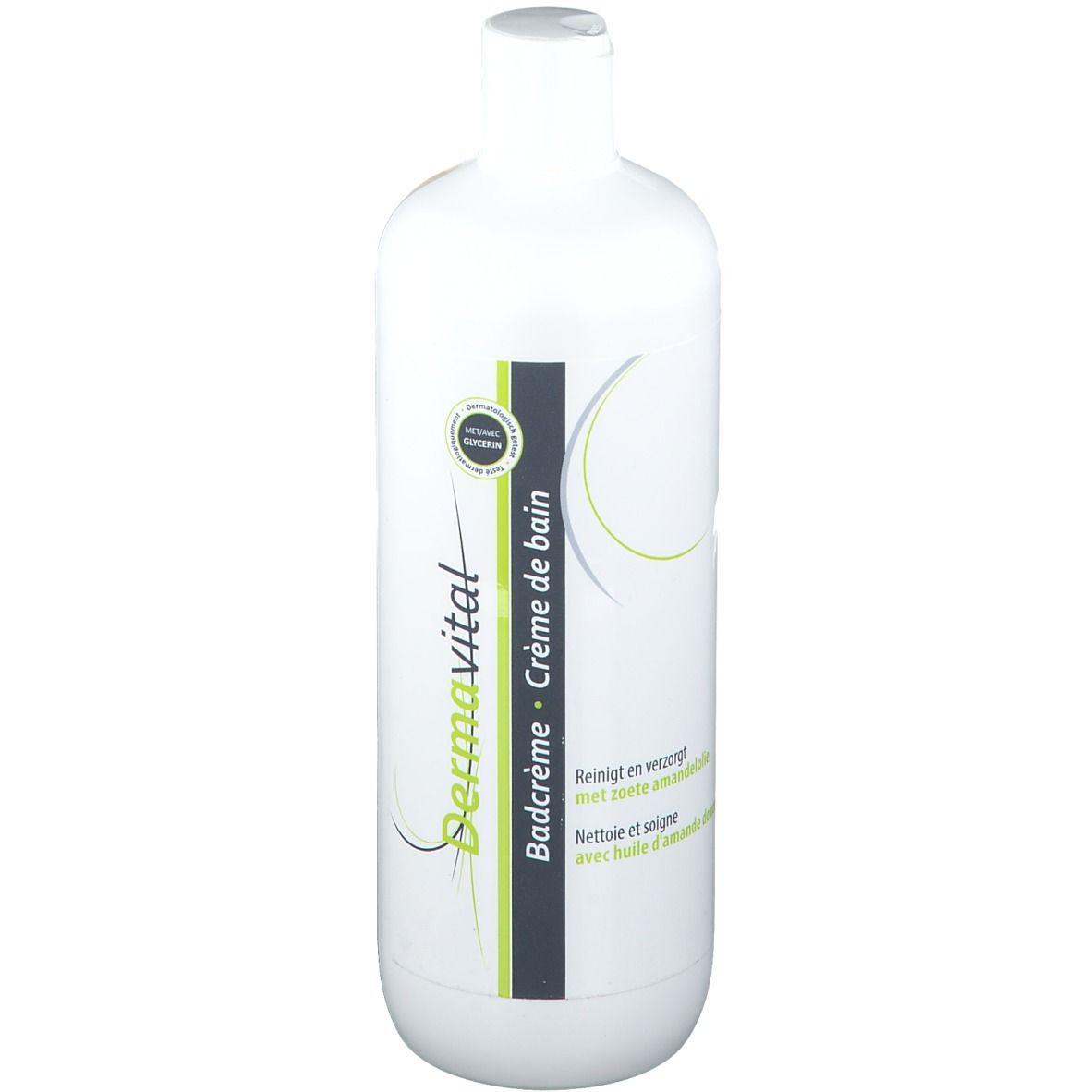 Witte fles met groen-zwart etiket. Tekst: Dermavital, Badcrème, Crème de bain. Met amandelolie.