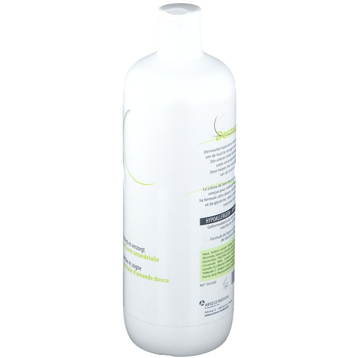 Achterkant van een witte fles. Tekst: Informatie, ingrediënten, hypoallergeen. Met amandelolie. Fabrikantenlogo.