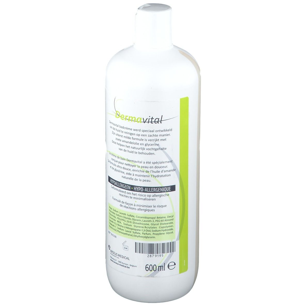 Achterkant van een witte fles. Tekst: Dermavital, informatie, 600 ml, hypoallergeen. Met amandelolie.