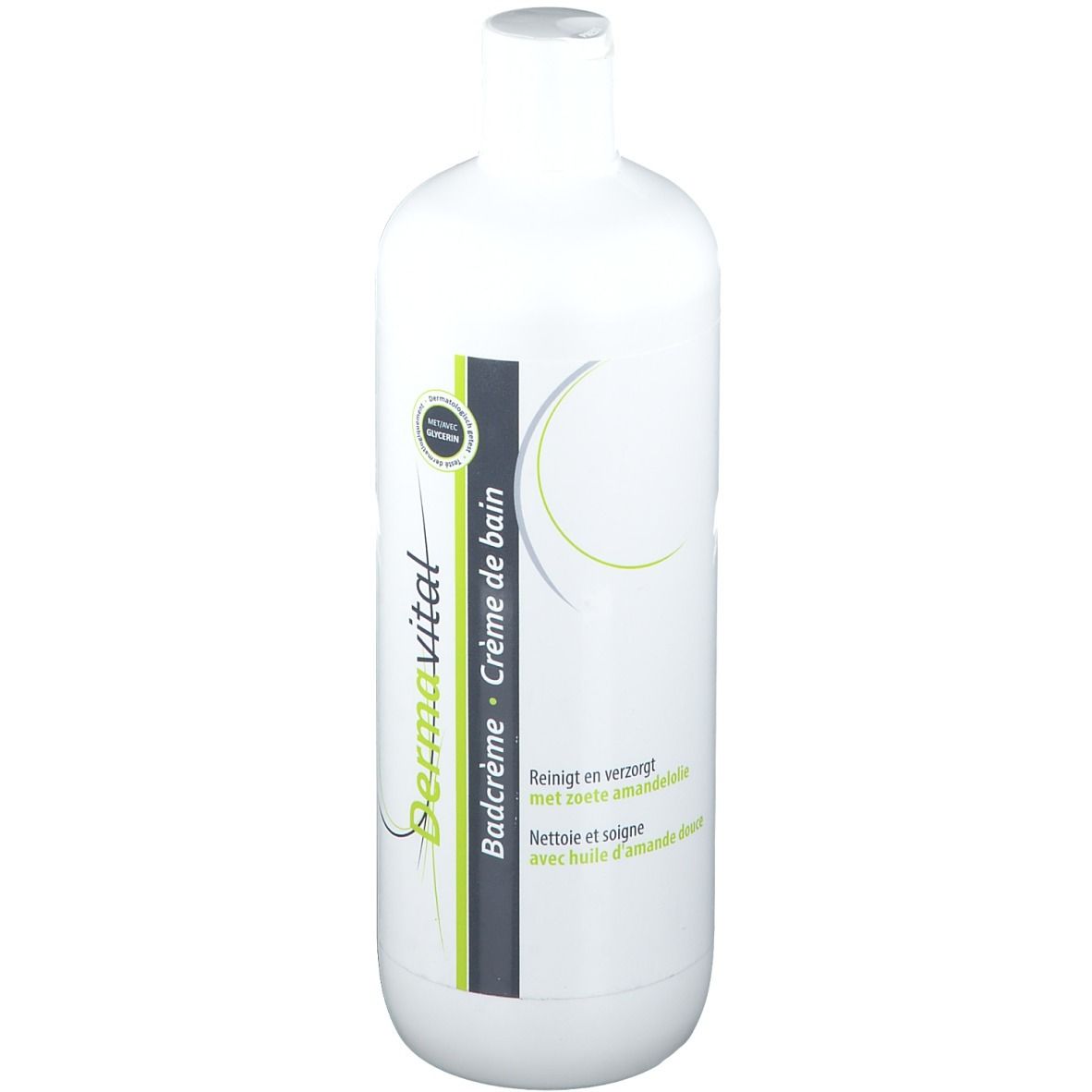 Witte fles met groen-zwart etiket. Tekst: Dermavital, Badcrème, Crème de bain. Met amandelolie.