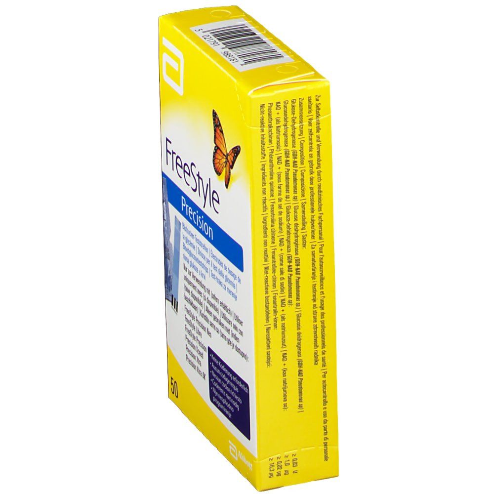 Verpakking FreeStyle Precision bloedglucose teststrips. Zijaanzicht met tekst en vlinder.