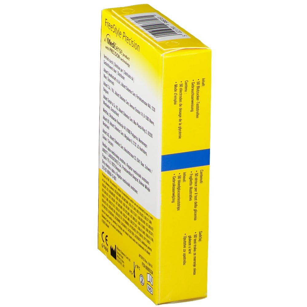 Zijaanzicht van de verpakking FreeStyle Precision bloedglucose teststrips. Meertalige tekst. CE-markering.