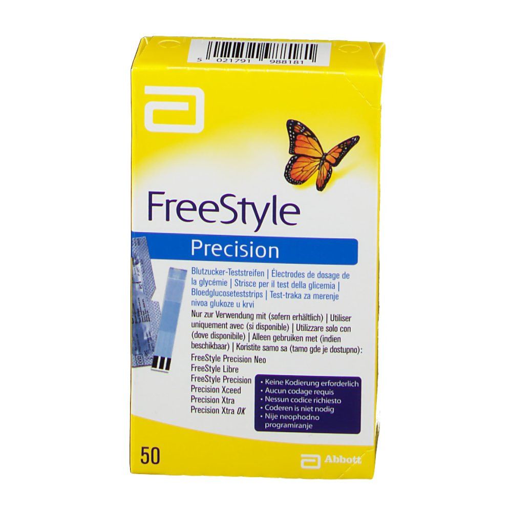 Verpakking FreeStyle Precision bloedglucose teststrips. Geel, blauw en wit. 50 stuks. Abbott logo en vlinder.