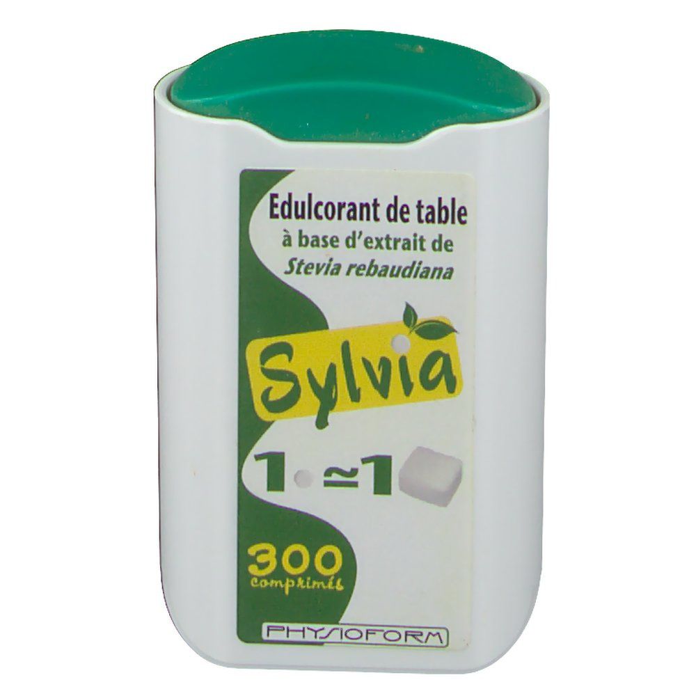 Weißer Spender mit grünem Deckel. Aufschrift "Sylvia", "300 comprimés" und ein Würfel.