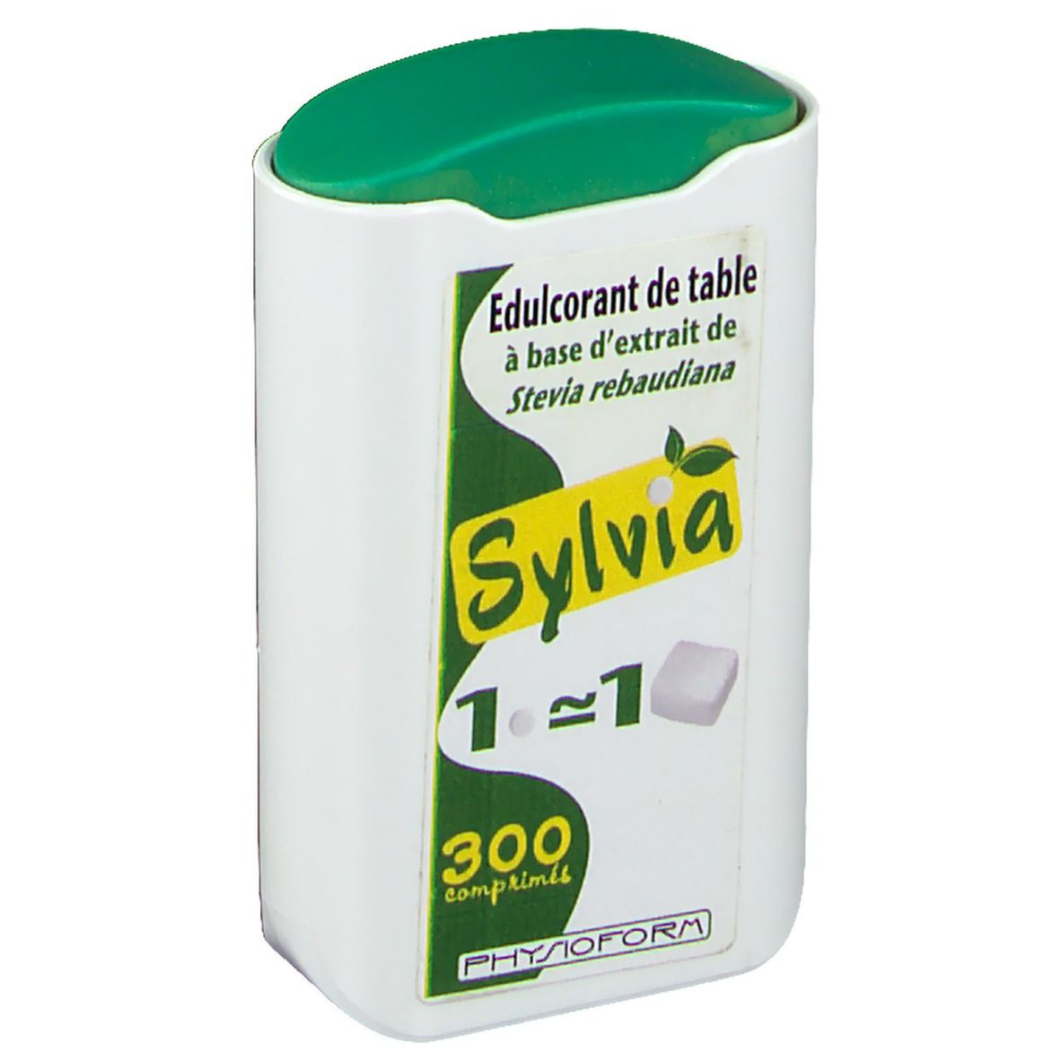 Contenitore bianco con coperchio verde. Etichetta con testo: Sylvia, 300 compresse. Logo PHYSIOFORM.