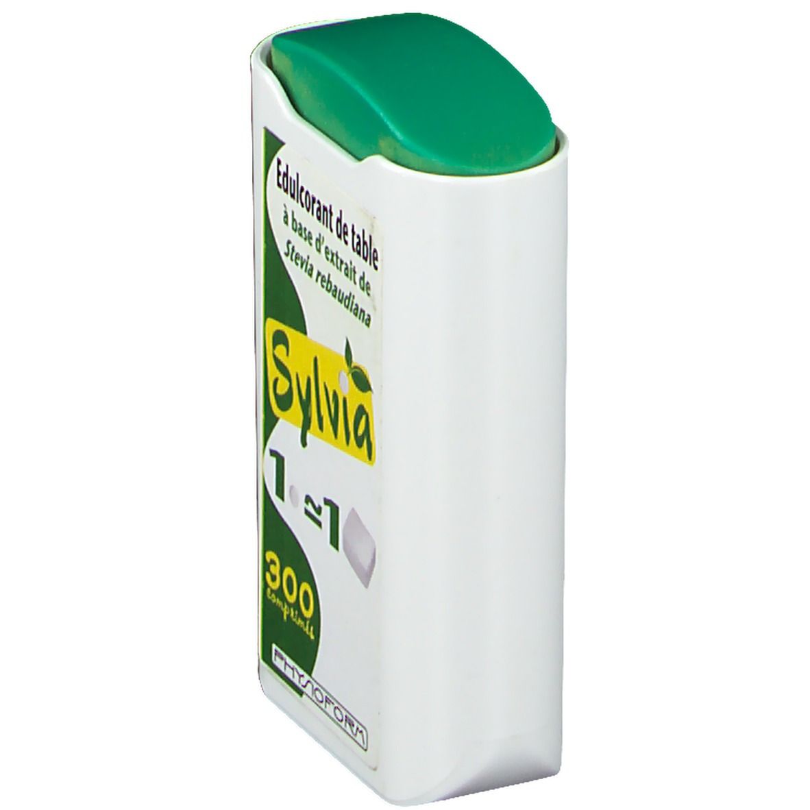 Contenitore bianco con coperchio verde. Etichetta con testo: Sylvia, 300 compresse. Logo PHYSIOFORM. Vista obliqua.