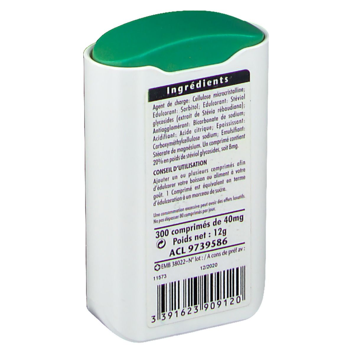 Contenitore bianco con coperchio verde. Retro con testo: Ingredienti, 300 compresse, 12g. Codice a barre e altre informazioni.