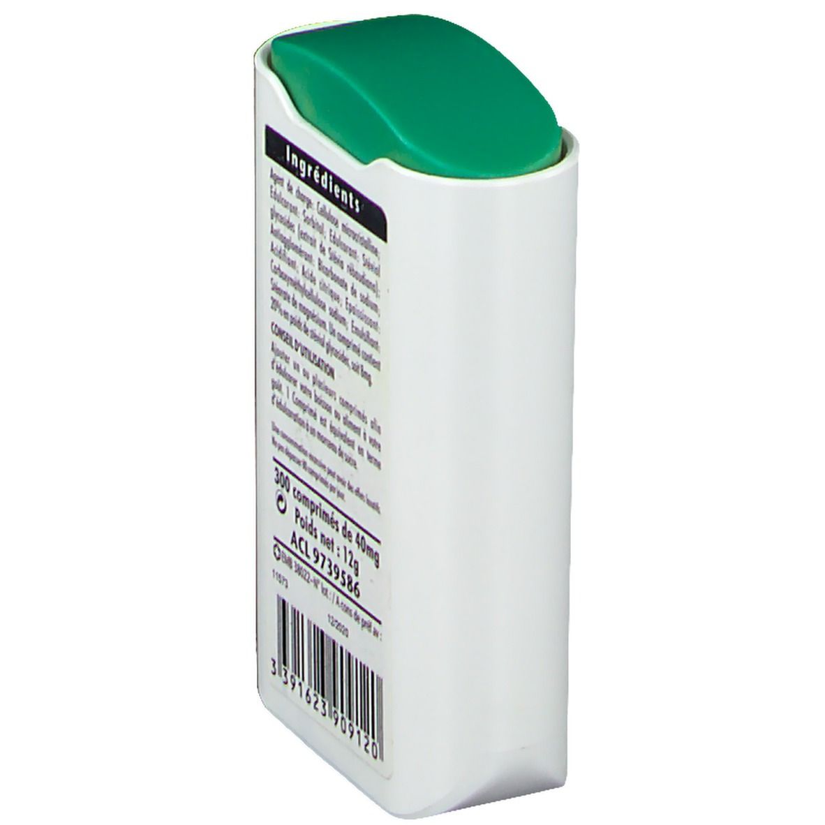 Contenitore bianco con coperchio verde. Retro con testo: Ingredienti, 300 compresse, 12g. Codice a barre e altre info. Vista obliqua.