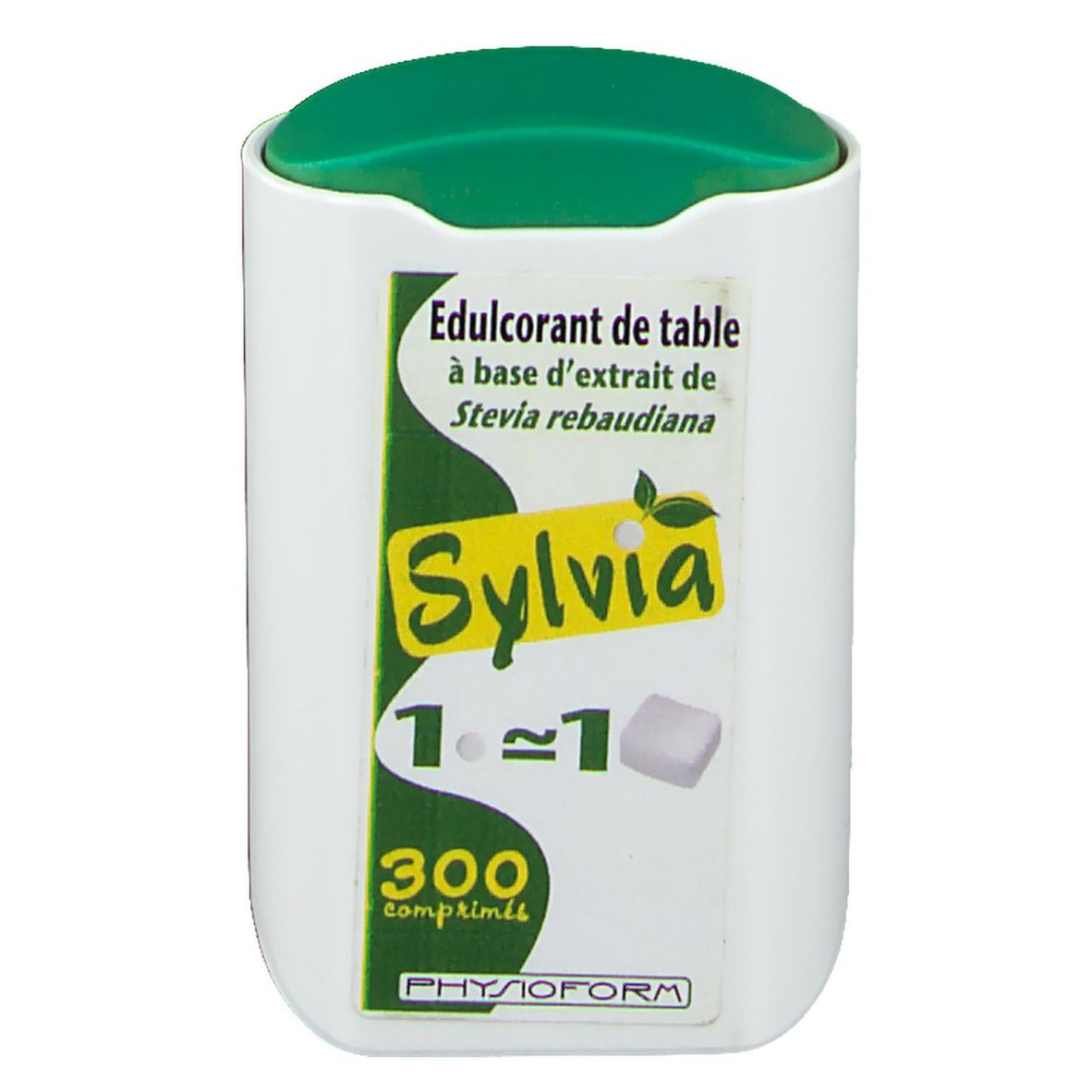 Contenitore bianco con coperchio verde. Etichetta con testo: Sylvia, 300 compresse. Logo PHYSIOFORM.