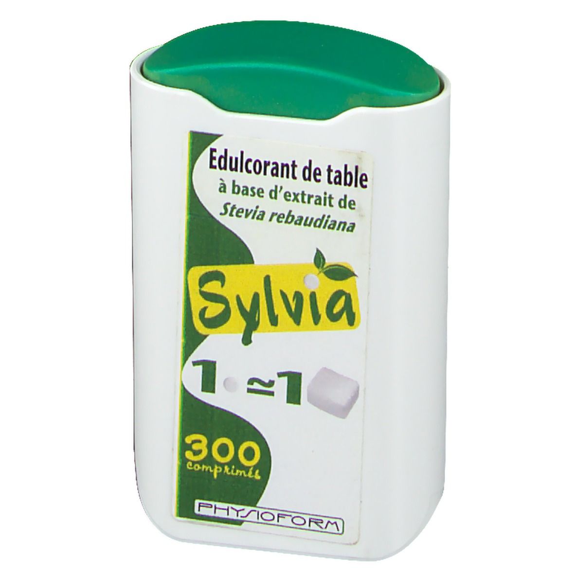 Contenitore bianco con coperchio verde. Etichetta con testo: Sylvia, 300 compresse. Logo PHYSIOFORM.