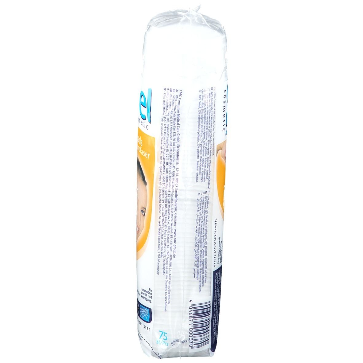 Vue latérale du paquet de tampons de coton. Logo Bel cosmetic, Pads + Microfibre. 75 pièces. Texte.