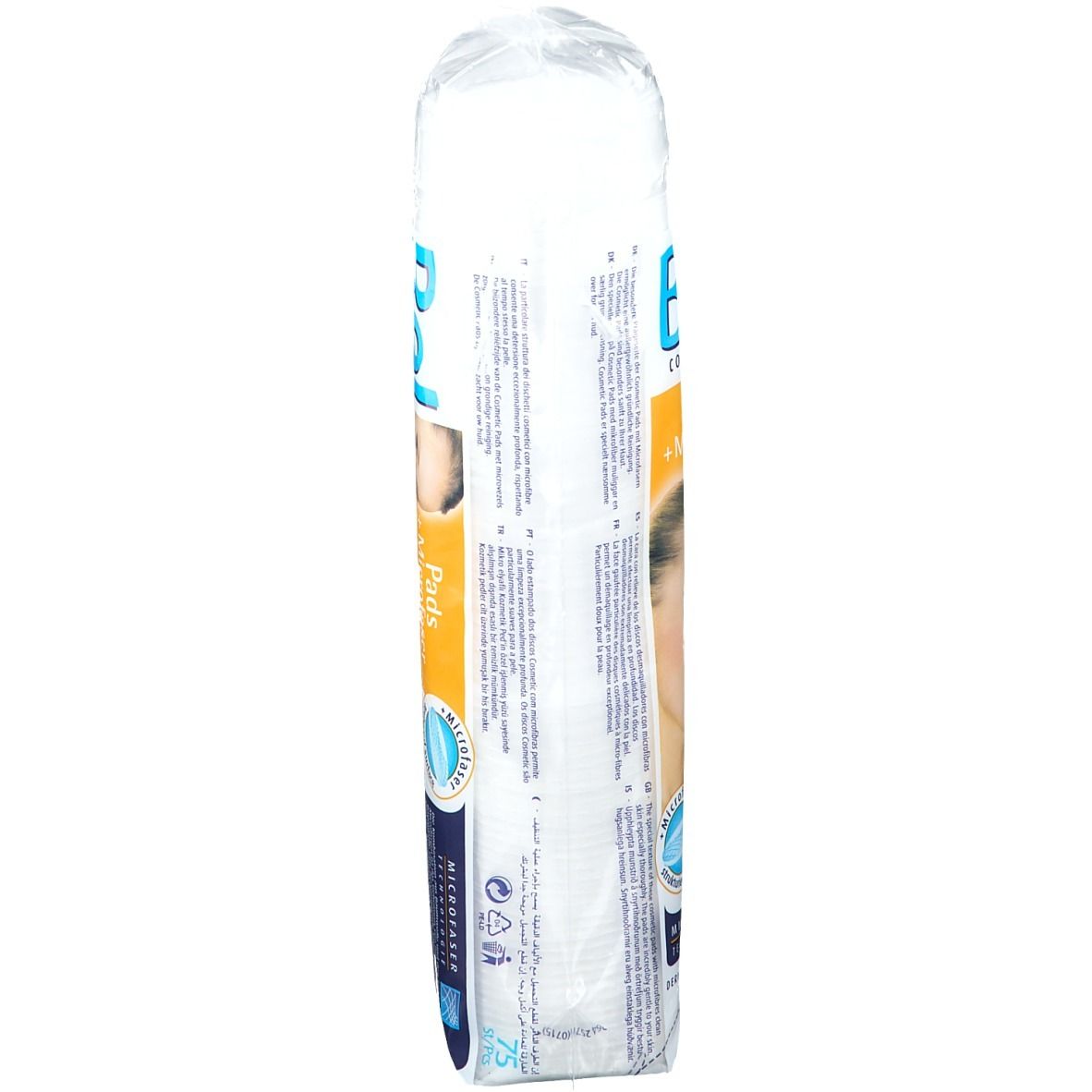Vue latérale du paquet de tampons de coton. Logo Bel cosmetic, Pads + Microfibre. 75 pièces. Texte.