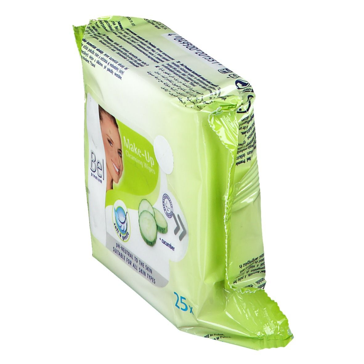 Schrägansicht der Verpackung mit Bel Premium Make-up Reinigungstücher. 25 Stück, Gurke. pH-neutral.