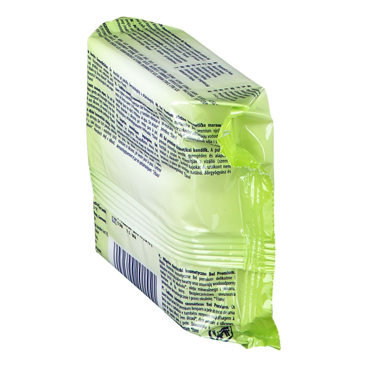 Schrägansicht der Rückseite der Verpackung mit Bel Premium Make-up Reinigungstücher. Text in mehreren Sprachen.