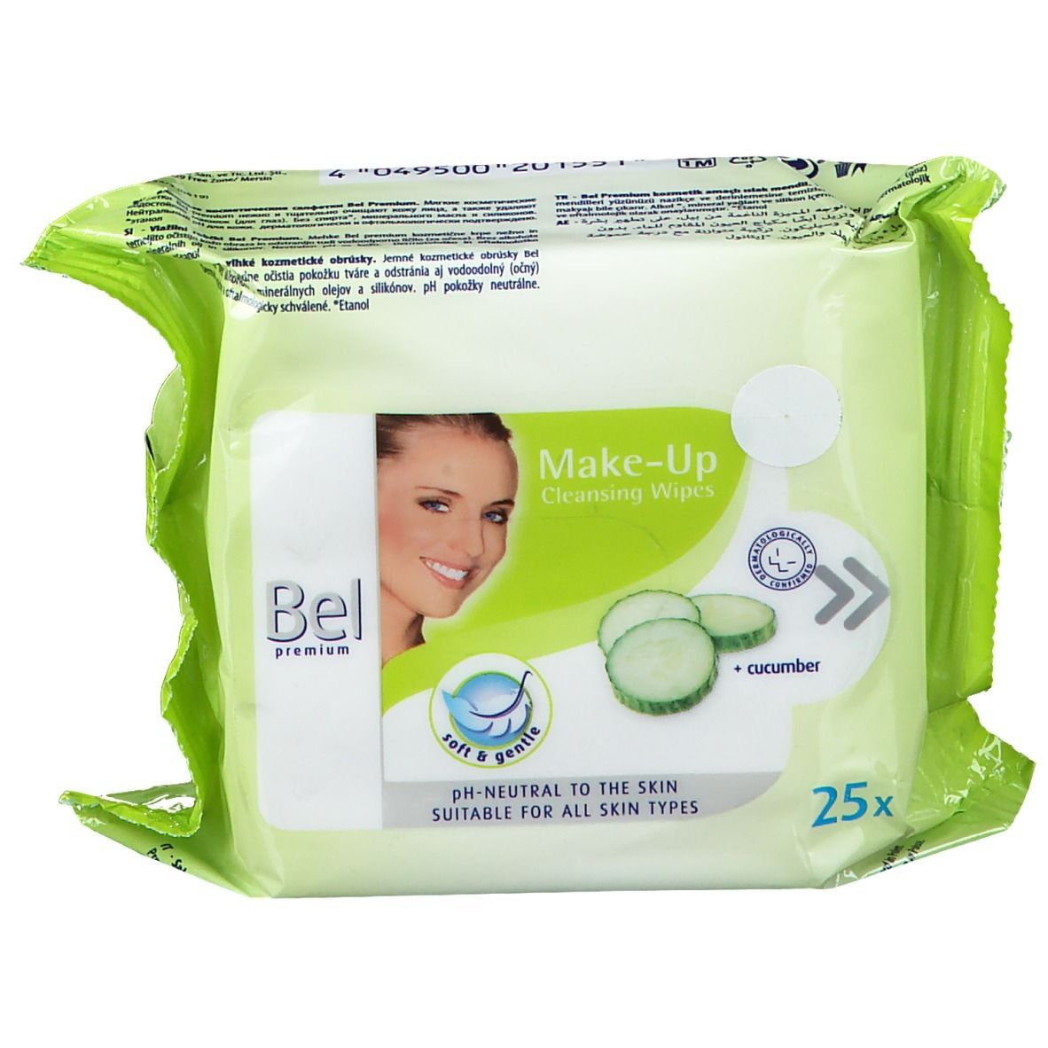 Verpackung mit Bel Premium Make-up Reinigungstücher. 25 Stück, Gurke. pH-neutral, für alle Hauttypen.