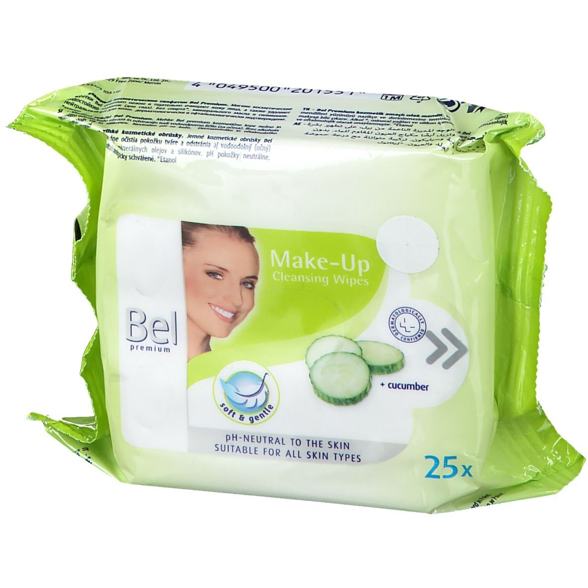 Verpackung mit Bel Premium Make-up Reinigungstücher. 25 Stück, Gurke. pH-neutral, für alle Hauttypen.