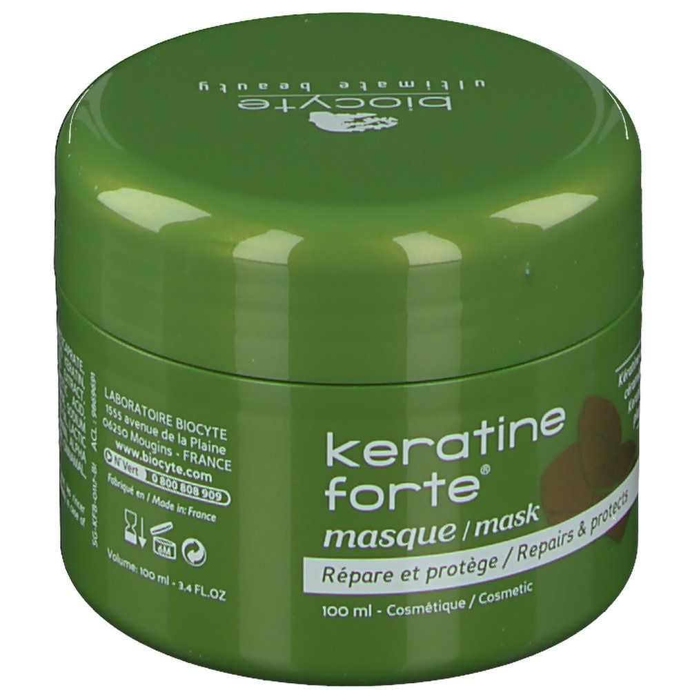 Pot vert avec texte blanc et vert. Inscription: Keratine Forte Masque, Répare et protège, 100 ml.