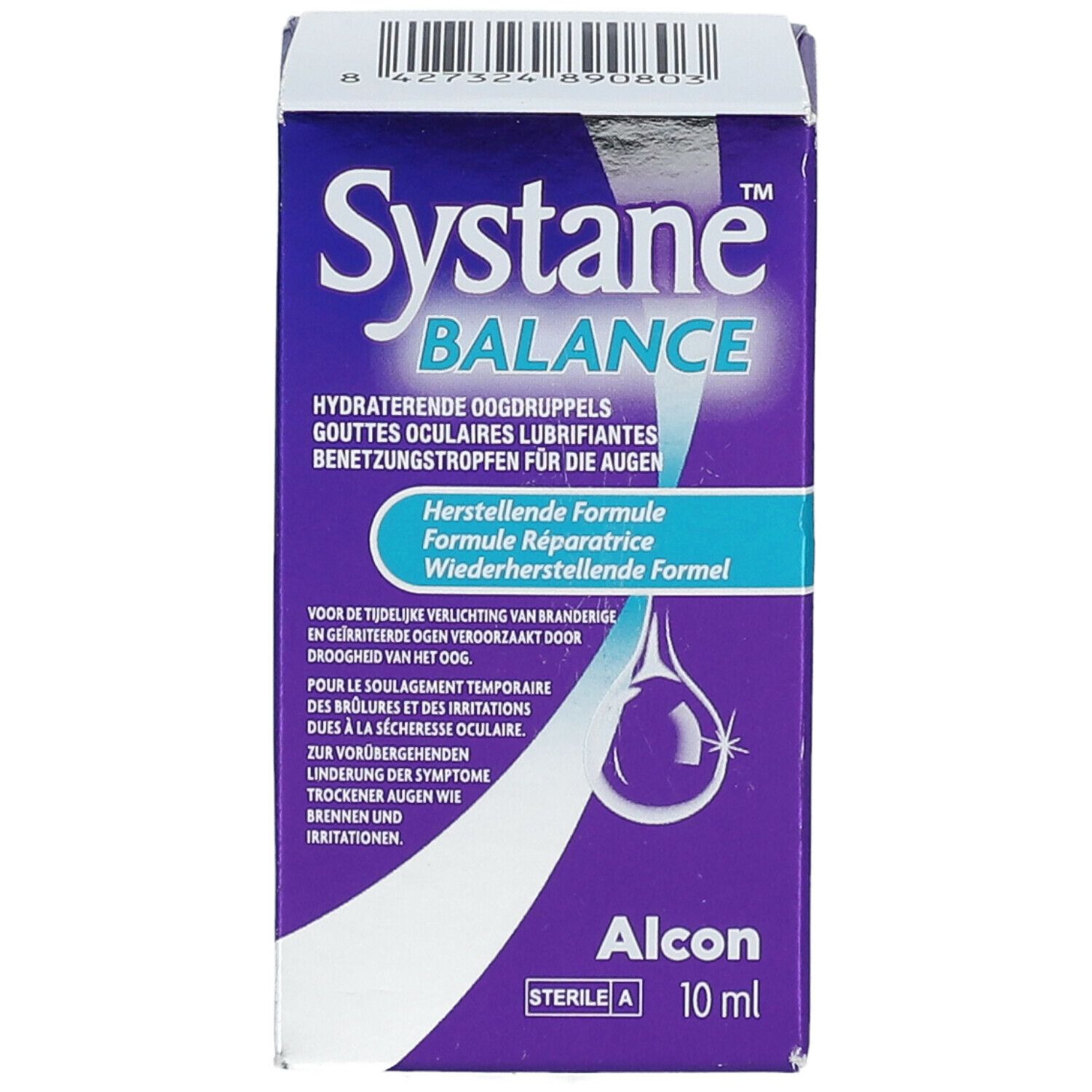 Boîte de gouttes ophtalmiques Systane Balance. Boîte violette et blanche avec nom et goutte. 10 ml.